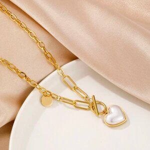 Stainless steel pearl heart chain necklace